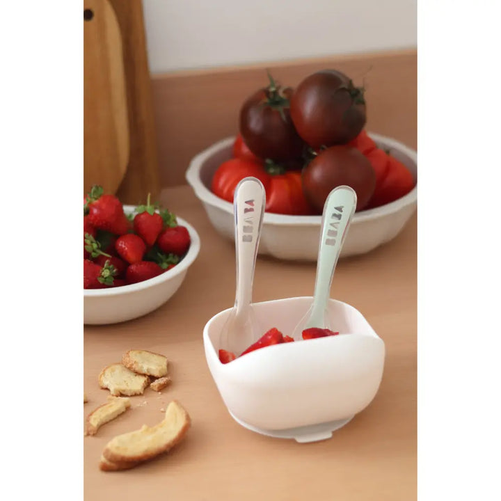 Beaba 2nd Stage Silicone Spoon - Baby Led Weaning Self Feeding Training Spoon with Ultra Soft Tip, Gum Friendly, Ergonomic Handles, BPA Free, Set of 2, Clay/Misty Green, 8m+