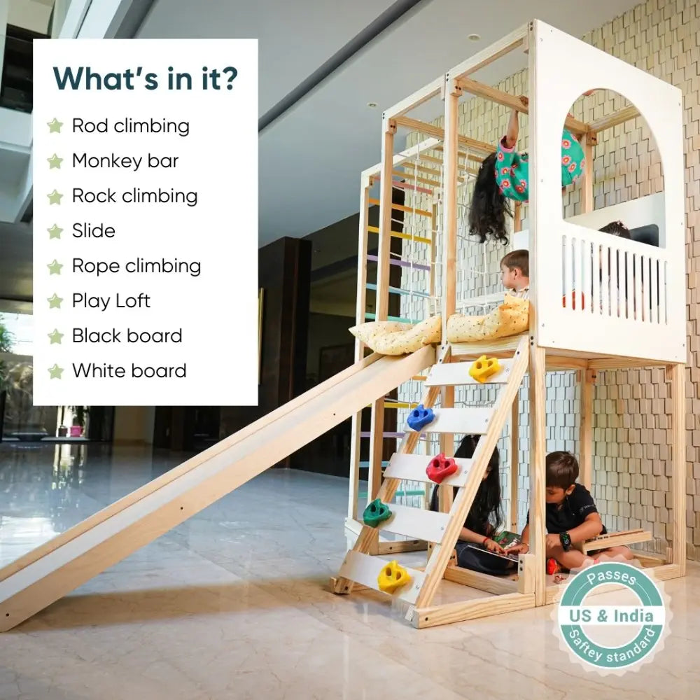 Curious Cub Playloft Indoor Jungle Gym | 8 Components - Rod Climbing, Monkey Bar, Rock Climbing, Slide, Rope Climbing, Playloft (Mattress included), Blackboard, Whiteboard | Ages 2-15 Years