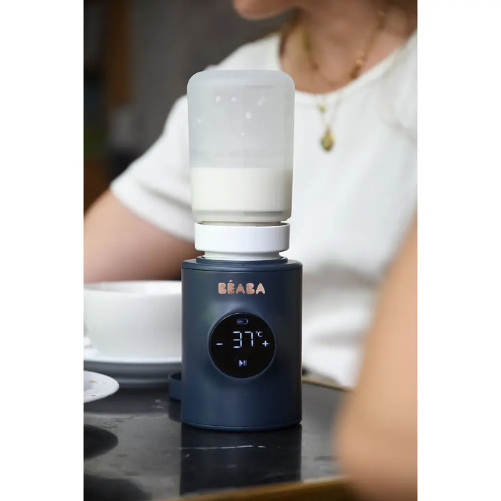 Beaba Milk Nomad Portable Baby Bottle Warmer - Rechargeable Warmer with Adjustable Temperature, Integrated Mixer &amp; Bottle Adapters, Night Blue, 0m+