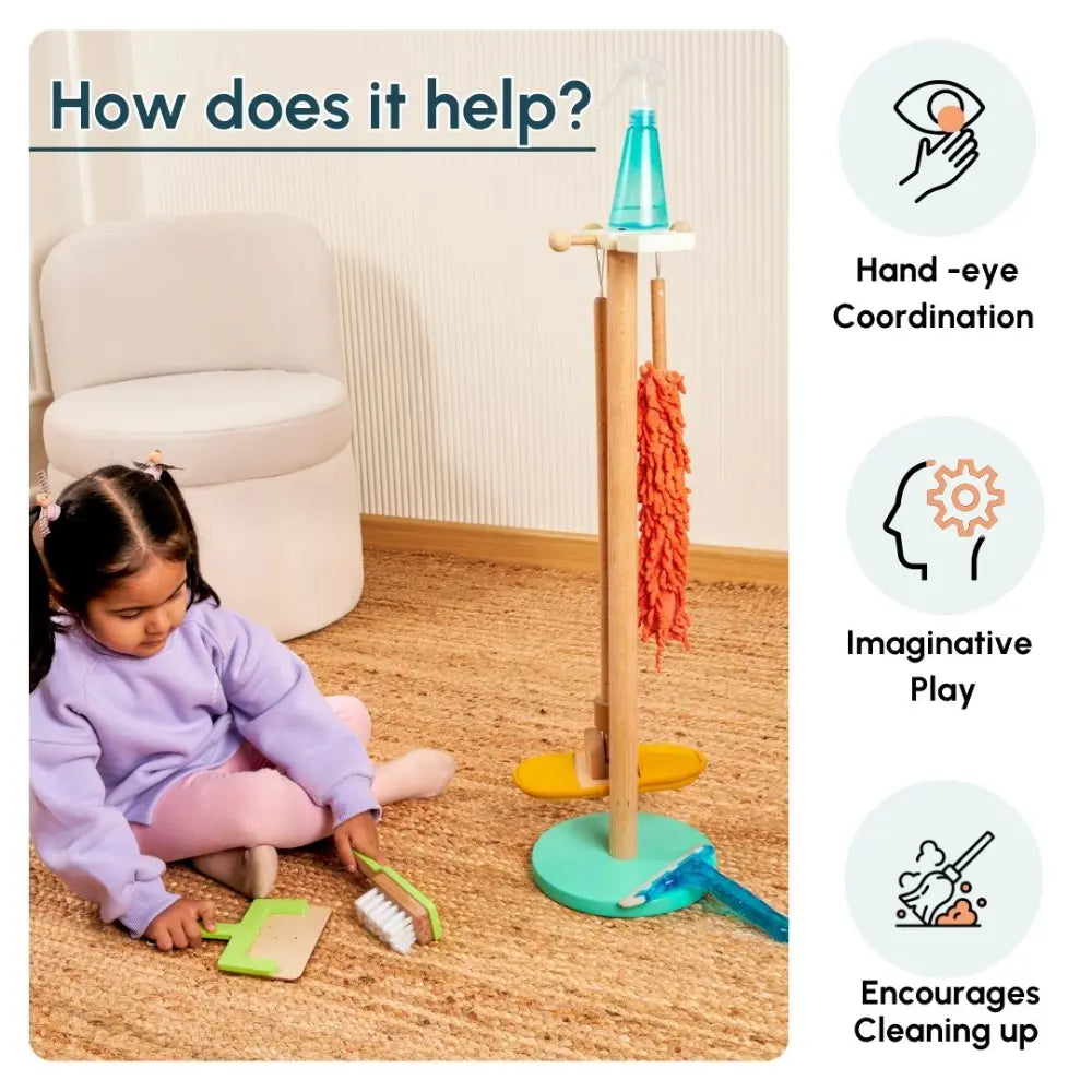 Curious Cub Wooden Kids Cleaning Play Set | Pretend Play Mop, Brush &amp; Spray Bottle | Montessori Life Skills Toy | 1 Year+