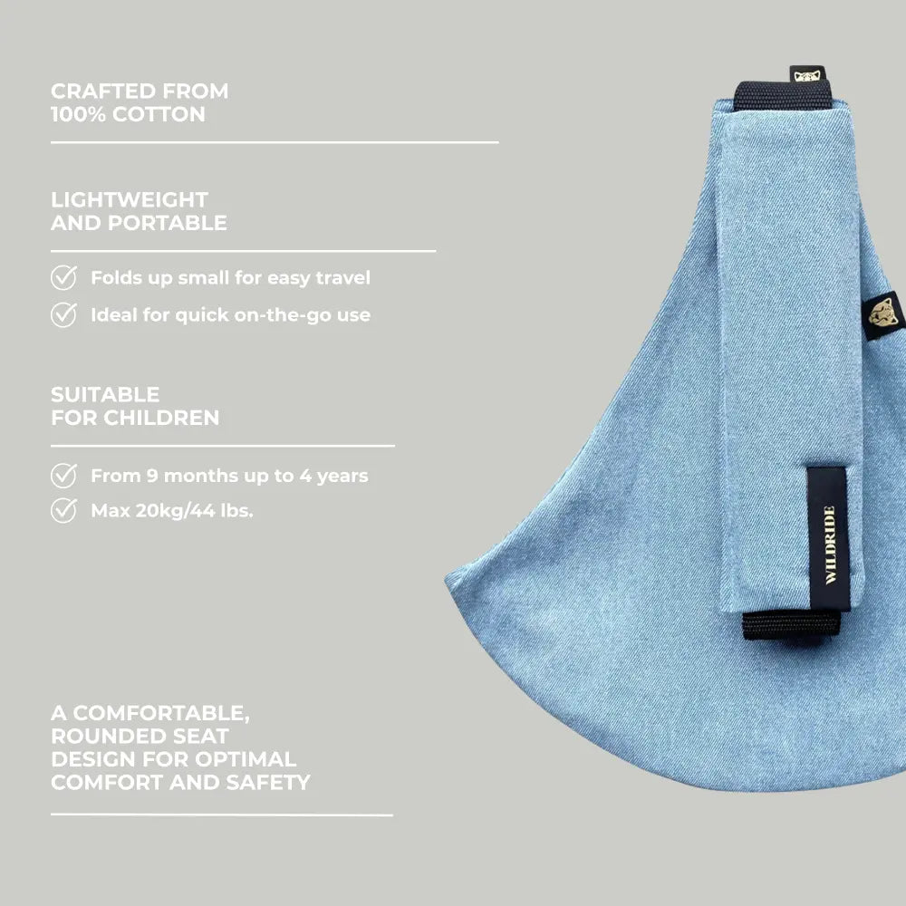 Wildride Toddler Carrier Denim | Lightweight 100% Cotton Hip Seat Baby Carrier for Toddlers 9 Months–4 Years | Ergonomic, Foldable &amp; Travel-Friendly Child Carrier | Comfortable Stroller Alternative for Everyday Adventures
