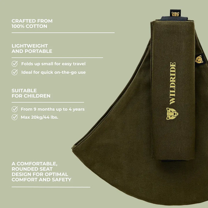 Wildride Toddler Carrier | Lightweight 100% Cotton Hip Seat Baby Carrier for Toddlers 9 Months–4 Years | Ergonomic, Portable &amp; Travel-Friendly Child Carrier | Comfortable Alternative to Stroller for Everyday Use - Army Green