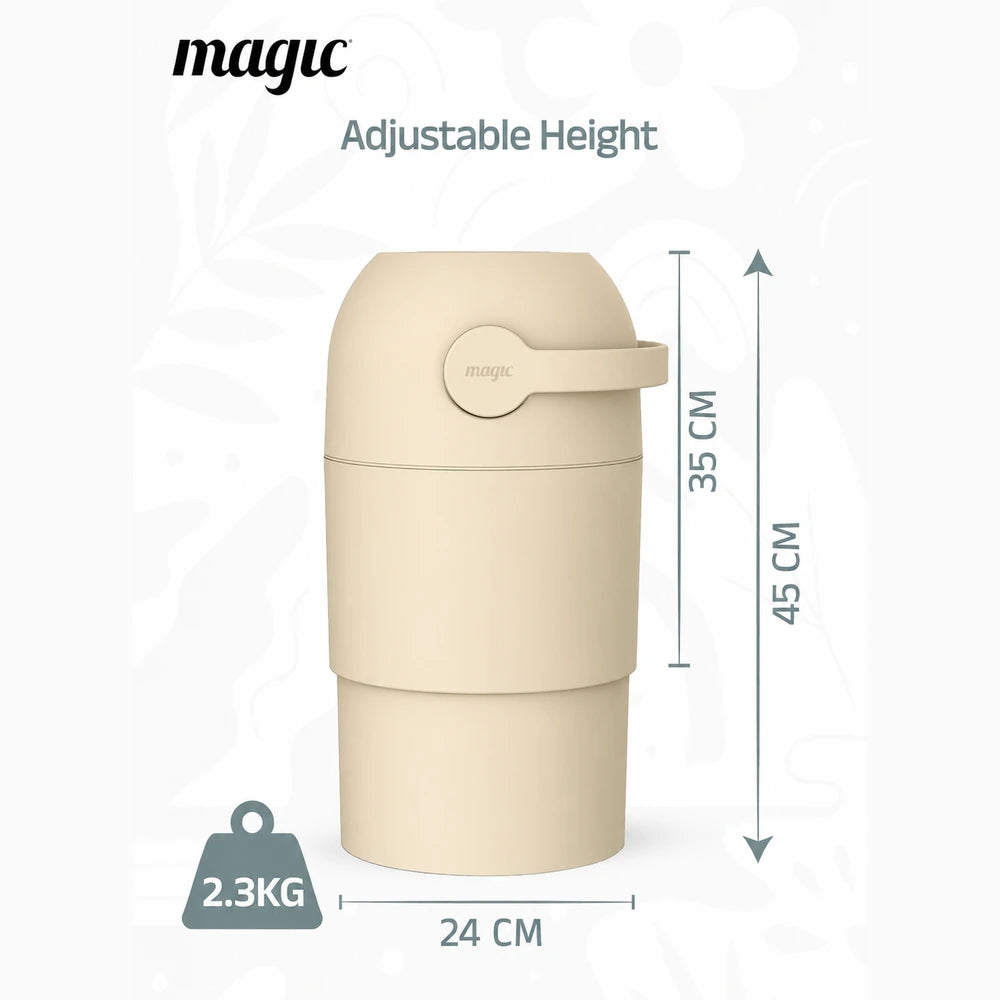 Magic THOTH M Diaper Pail, Odorless Nappy Bin, Compact &amp; Space-Saving Design, Compatible with Regular Plastic Bags, Converts for 2nd Life Use, Holds Up to 25 Newborn Diapers - Beige