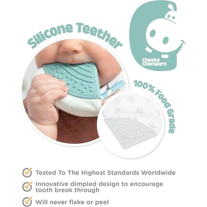 Cheeky Chompers Muslin Neckerchew for Babies &amp; Toddlers, Reversible Bib with Attached Silicone Teether, Super Absorbent, BPA-Free, 2–24 Months - Silver Stars