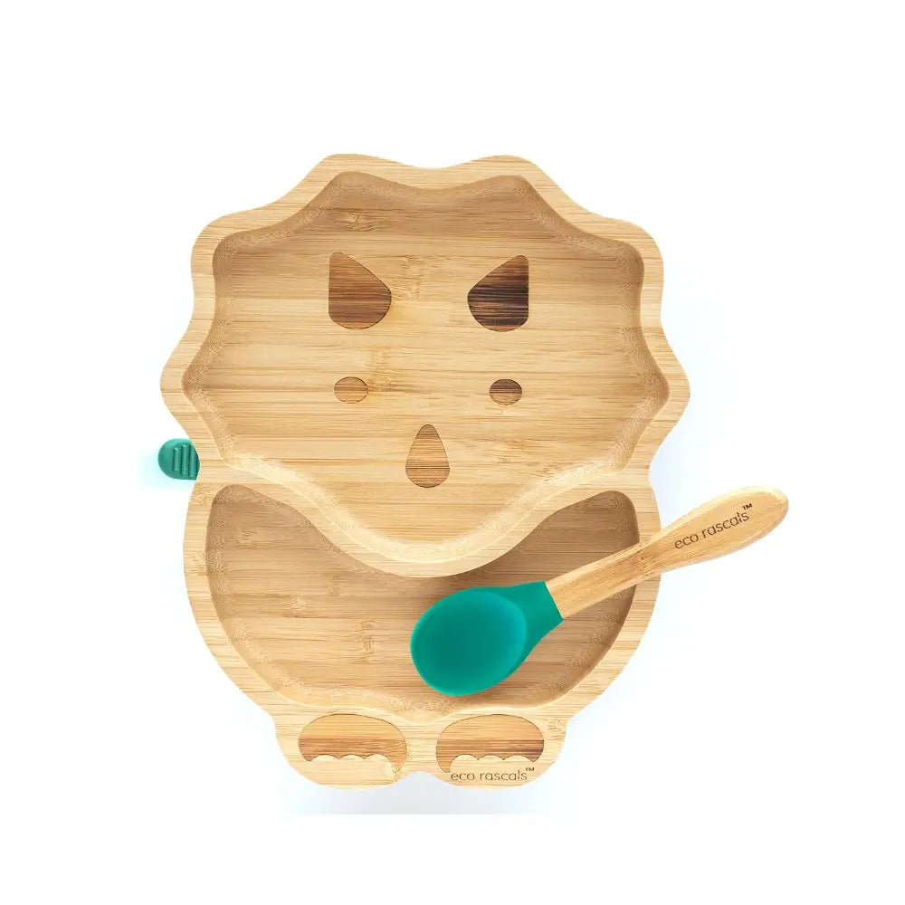 Eco Rascals Bamboo Dinosaur Shaped Plate - Baby Led Weaning, 2 Section Plate - Non Toxic, Natural Bamboo with Strong Suction, FDA Approved, 100% Silicone Suction Bases, BPA-PVC Free - Green