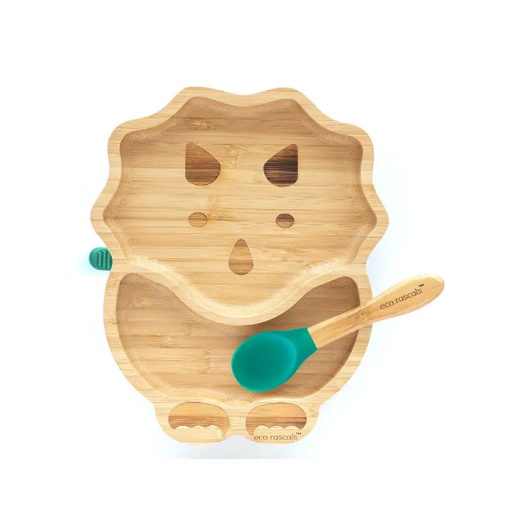 Eco Rascals Bamboo Dinosaur Shaped Plate - Baby Led Weaning, 2 Section Plate - Non Toxic, Natural Bamboo with Strong Suction, FDA Approved, 100% Silicone Suction Bases, BPA-PVC Free - Green