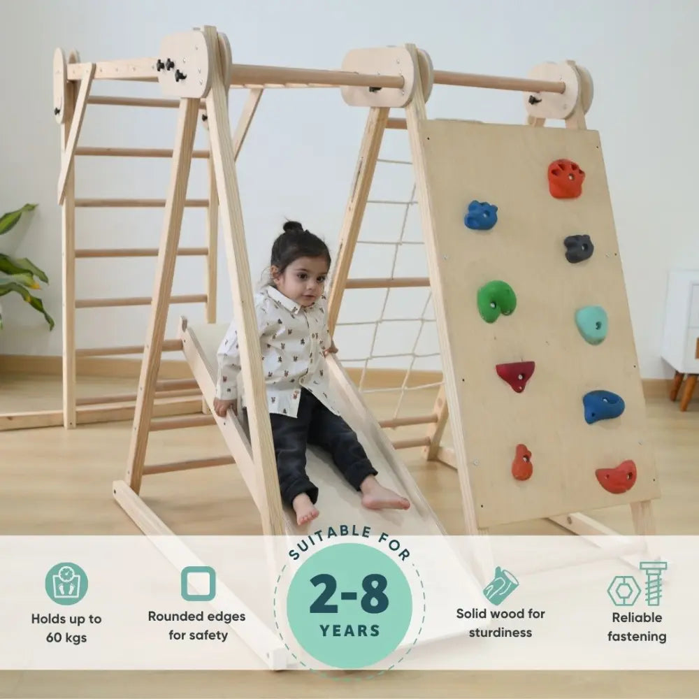 Curious Cub Foldable Indoor Jungle Gym | Montessori Multi-Activity like Slide, Swing, Monkey Bar, Rope Climbing, Rock Climbing, Wooden Ladder | Space-Saving | Ages 2-8 Years