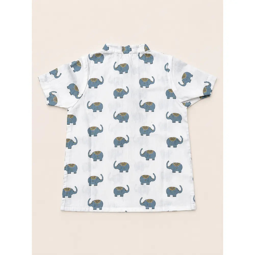 Sweetlime By AS Baby Boys Elephant Printed Cotton Mandarin Kurta with Olive Cotton Pants Co-ord Set - White &amp; Olive Green