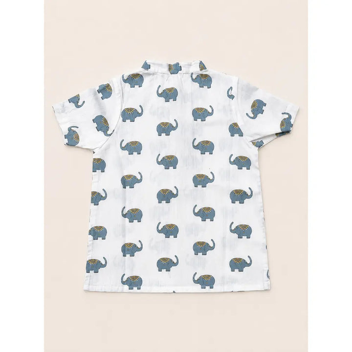 Sweetlime By AS Baby Boys Elephant Printed Cotton Mandarin Kurta with Olive Cotton Pants Co-ord Set - White &amp; Olive Green
