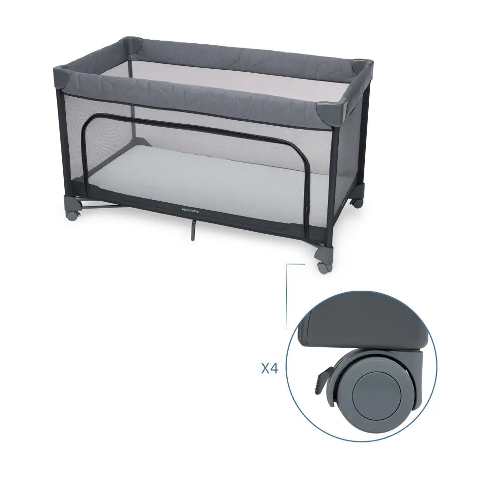 Maxi-Cosi Merlin Travel Cot, One-Step Fold, 3cm Thick Cushioned Mattress, Travel-Friendly with Included Travel Bag, Birth-4 Years - Elegance Graphite