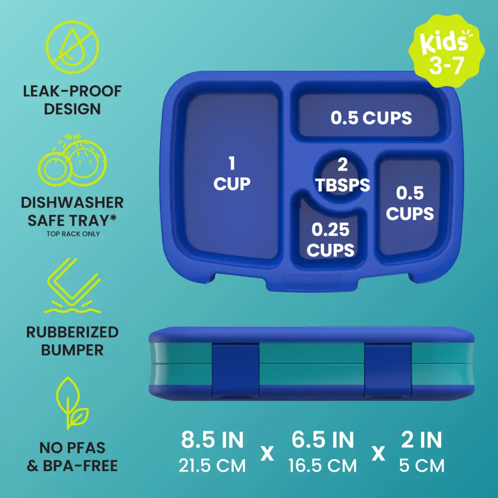 Bentgo Kids Prints with 5 Compartments, Leak-Proof Bento Lunch Box, BPA &amp; PFAS-Free, Microwave &amp; Dishwasher Safe Tray,  3–7 Years - Sharks