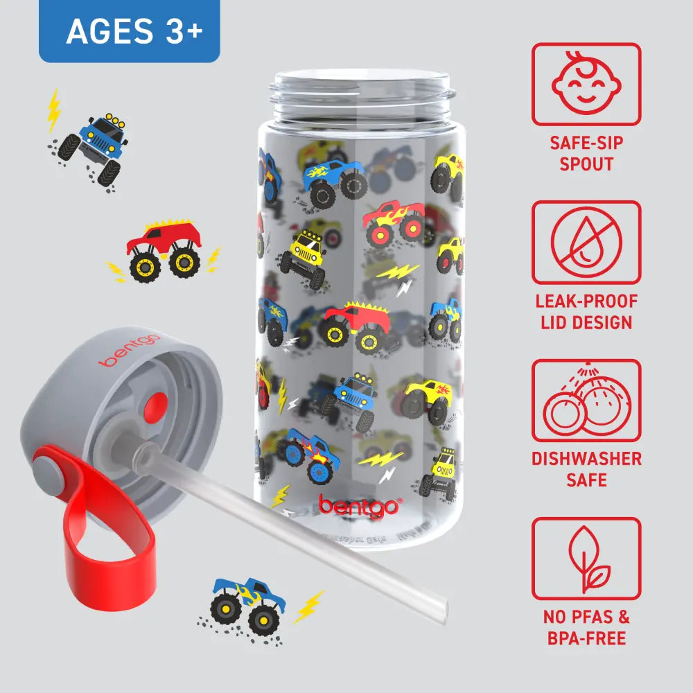 Bentgo Kids Water Bottle 450 ml, Leak-Proof Straw Bottle for Kids, Lightweighted &amp; Durable, BPA &amp; PFAS-Free Tritan Water Bottle, Ideal for School, Daycare &amp; Travel, 3 years+ - Trucks