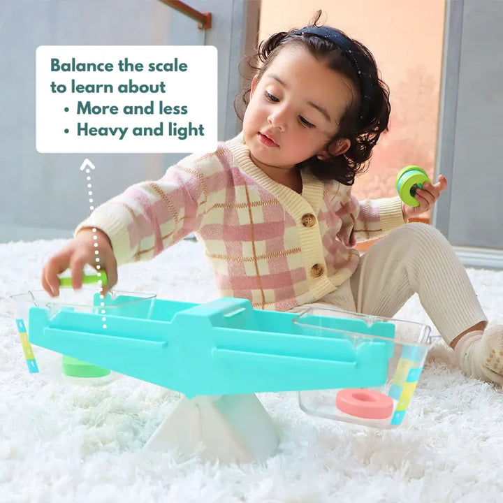 Curious Cub Montessori Box 13 | 7-Piece STEM &amp; Life Skills Toy Set | Balance Scale, Cleaning Set &amp; More | 2.5 Yrs+