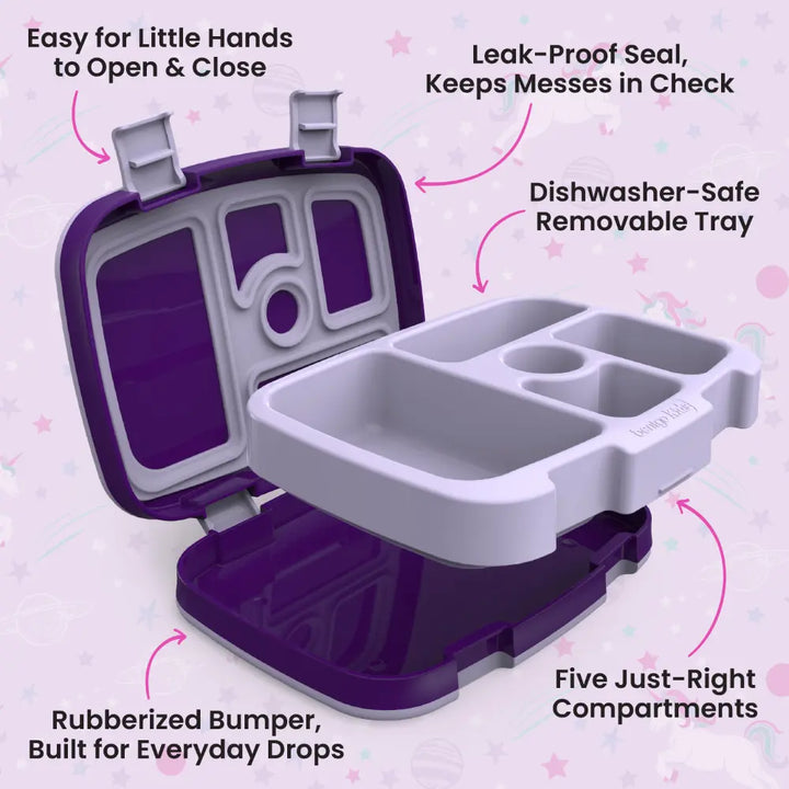 Bentgo Kids Prints with 5 Compartments, Leak-Proof Bento Lunch Box, BPA &amp; PFAS-Free, Microwave &amp; Dishwasher Safe Tray,  3–7 Years - Unicorn