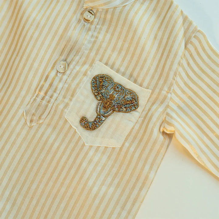PureCloth.Co Royal Elephant | Boys Silk Kurta - Golden Stripe