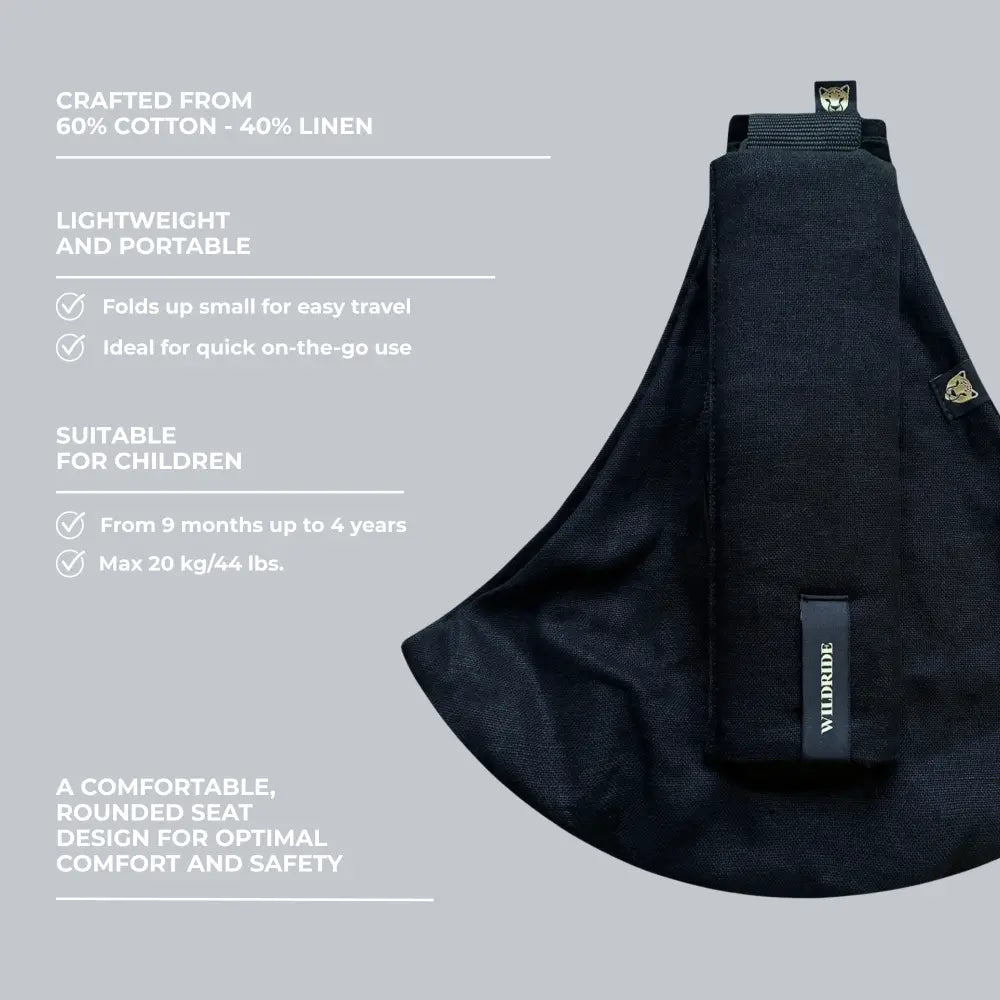 Wildride Toddler Carrier Black Linen | Lightweight Ergonomic Hip Seat Baby Carrier for Toddlers 9 Months–4 Years | Linen Blend Travel-Friendly Child Carrier | Comfortable Stroller Alternative for Everyday Adventures