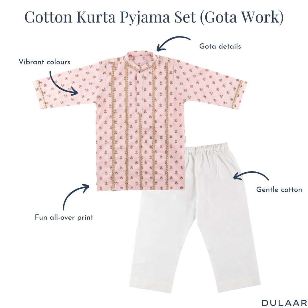 Dulaar Cotton Kurta Pyjama Set for Boys | Hand-Block Printed (Gota Work)-Flowers from Sanganer (Blush)