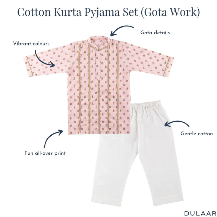 Dulaar Cotton Kurta Pyjama Set for Boys | Hand-Block Printed (Gota Work)-Flowers from Sanganer (Blush)