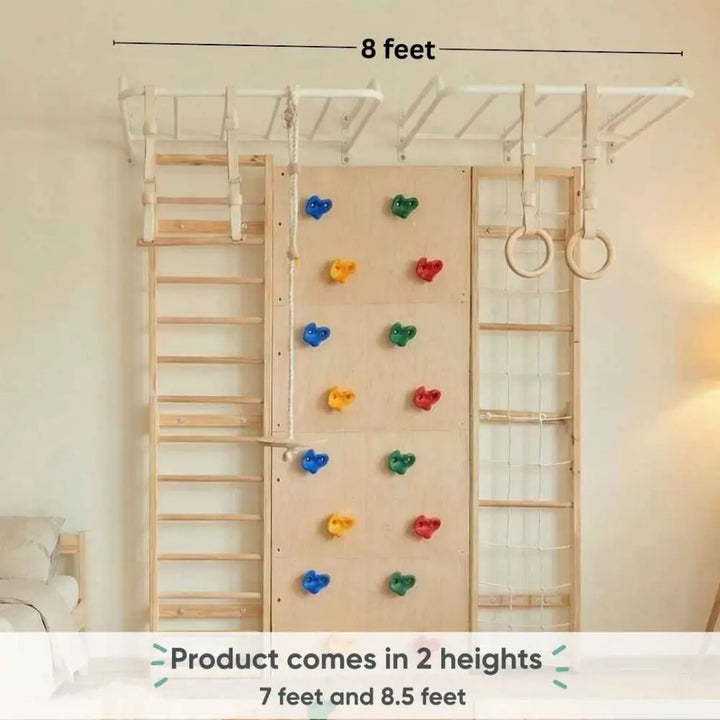 Curious Cub Ultimate Jungle Gym 4 | 7 Components - Wooden Ladder | Rope Ladder | Gymnastic Rings | Disk Swing | Trapeze Bar | Monkey Bars | Rock Climbing | Ages 4-15 Years
