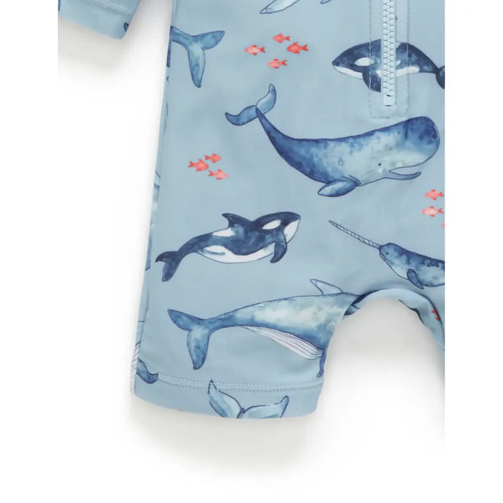 Purebaby Blue Unisex Long Sleeve Sunsuit - Whale Pod Print