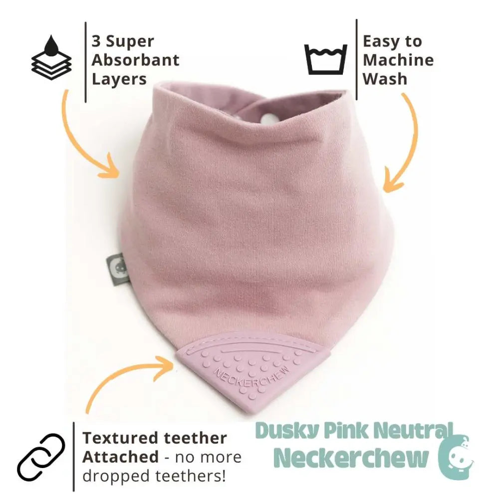 Cheeky Chompers Neckerchew for Babies &amp; Toddlers, Reversible Bib with Attached Silicone Teether, Super Absorbent, BPA-Free, 2–24 Months - Dusty Pink
