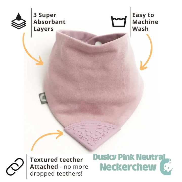 Cheeky Chompers Neckerchew for Babies &amp; Toddlers, Reversible Bib with Attached Silicone Teether, Super Absorbent, BPA-Free, 2–24 Months - Dusty Pink