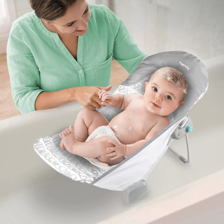 Ingenuity FoldAway 2-Position Baby Bath Bather with Mesh Sling &amp; Headrest, 0–6 Months /  Upto 9 kgs - Grey