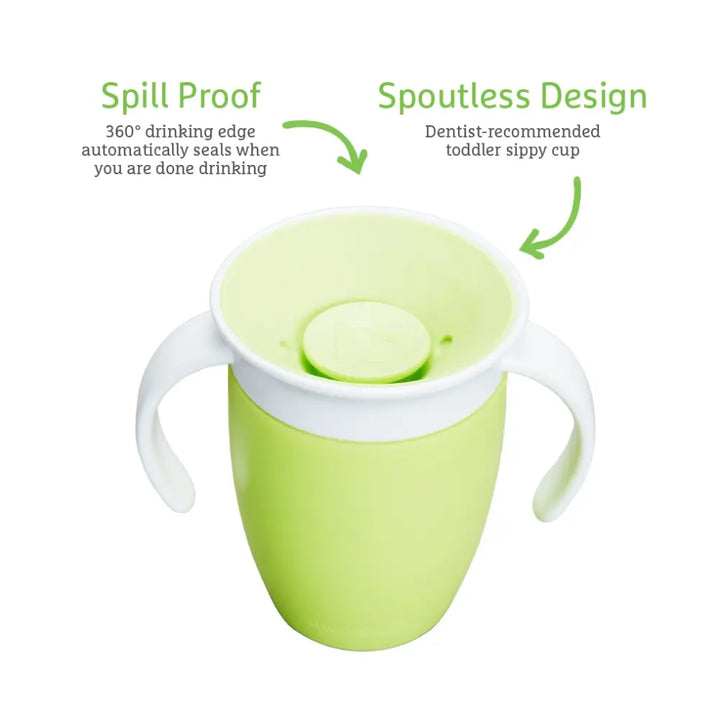 Munchkin 360° Spill-Proof Trainer Cup with Handles, Spoutless Sippy Cup for Babies, Easy Transition to Open Cup, BPA-Free, 7oz, 6+ Months - Green