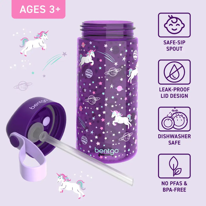 Bentgo Kids Water Bottle 450 ml, Leak-Proof Straw Bottle for Kids, Lightweighted &amp; Durable, BPA &amp; PFAS-Free Tritan Water Bottle, Ideal for School, Daycare &amp; Travel, 3 years+ - Unicorn