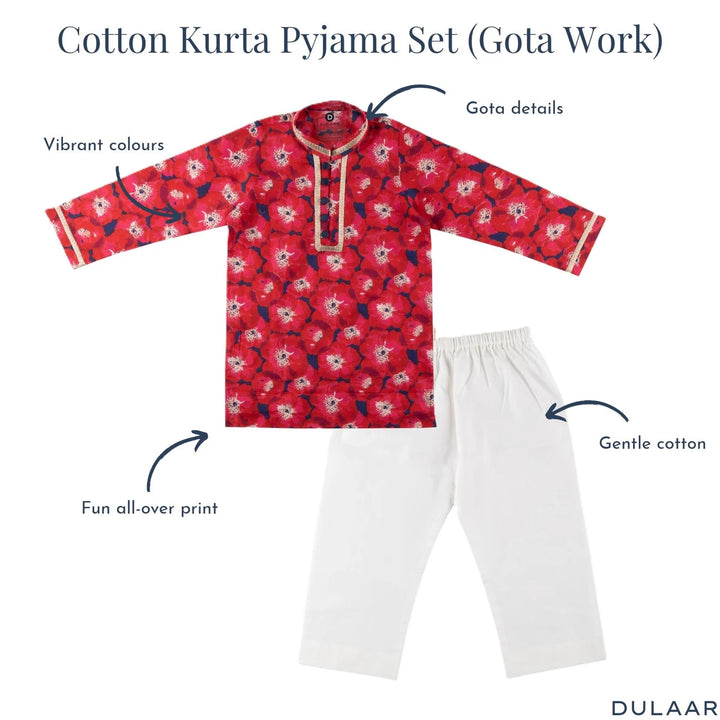 Dulaar Cotton Kurta Pyjama Set for Boys (Gota Work)-Painted Poppies