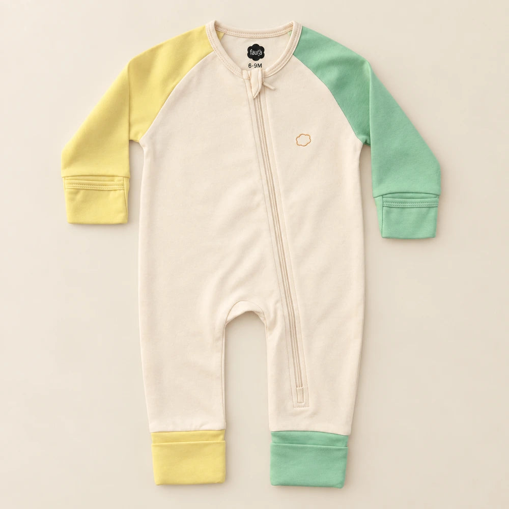 Faura Unisex Banana Cotton Colorblock Sleepsuit - Cream
