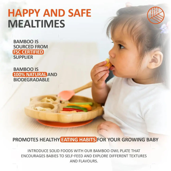 Eco Rascals Bamboo Owl Shaped Plate - Baby Led Weaning, 3 Section Plate - Non Toxic, Natural Bamboo with Strong Suction, FDA Approved, 100% Silicone Suction Bases, BPA-PVC Free - Orange