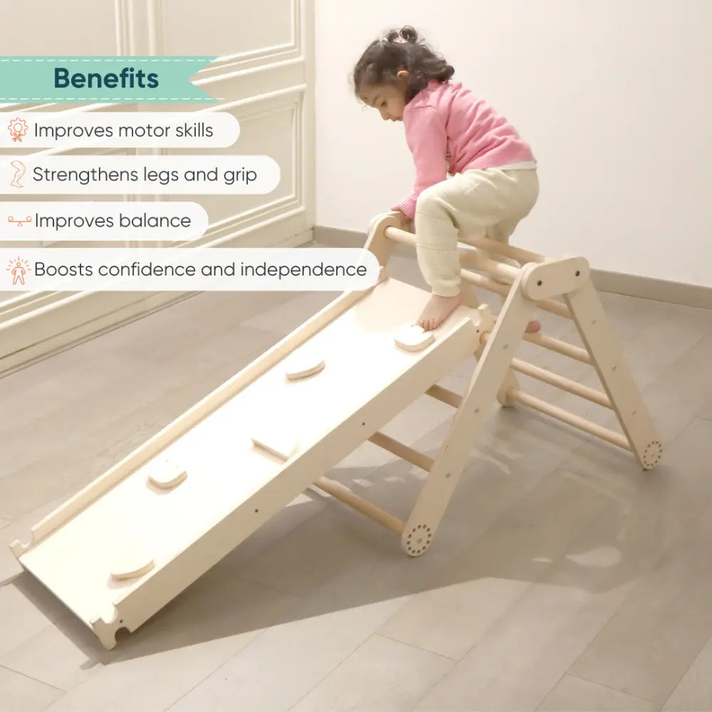 Curious Cub Transformable Pikler Triangle | Montessori Style climbing area including slide, pikler climbing triangle and arch ramp | Ages 1-6 Yrs