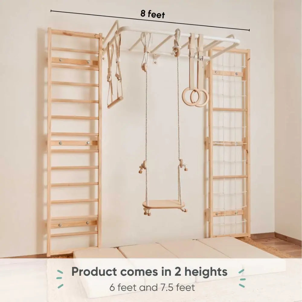 Curious Cub Ultimate Jungle Gym 2 | 6 Components - Monkey Bar, Wooden Ladder, Rope Ladder, Gymnastic Rings, Swing Trapeze bar | Ages 4-15 Years