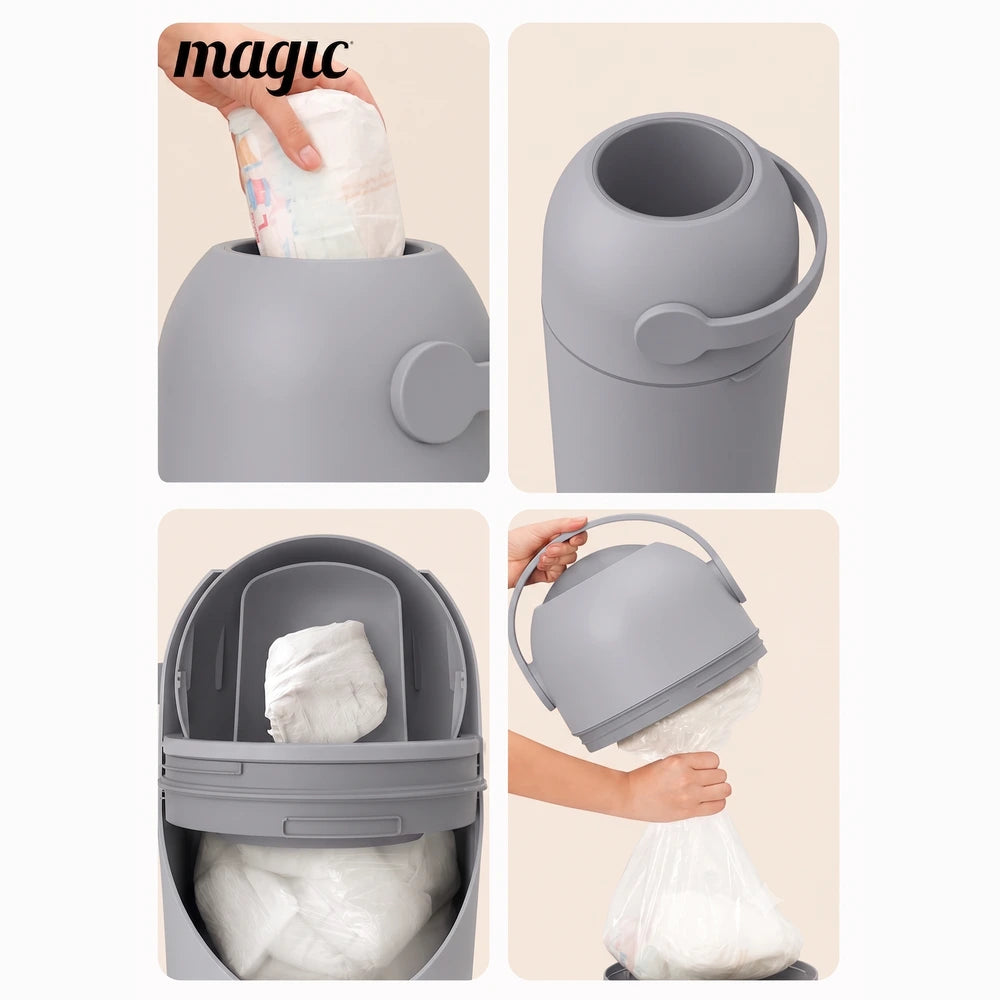Magic THOTH M Diaper Pail, Odorless Nappy Bin, Compact &amp; Space-Saving Design, Compatible with Regular Plastic Bags, Converts for 2nd Life Use, Holds Up to 25 Newborn Diapers - Concrete
