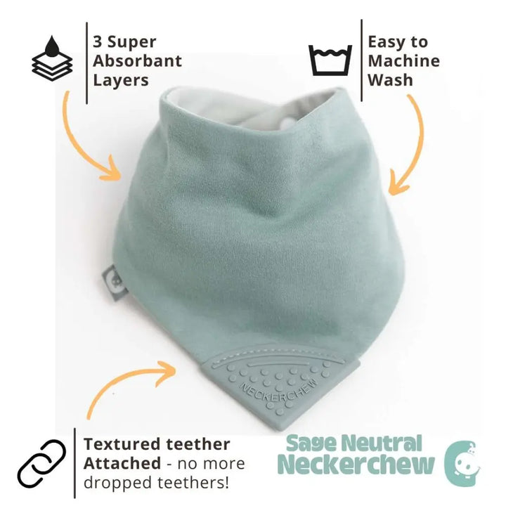 Cheeky Chompers Neckerchew for Babies &amp; Toddlers, Reversible Bib with Attached Silicone Teether, Super Absorbent, BPA-Free, 2–24 Months - Sage Green