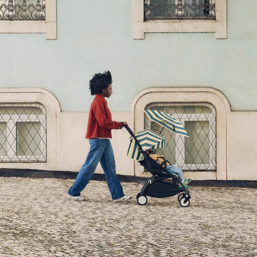 Stokke YOYO3 Riviera Stroller - Limited Edition Summer Collection | Includes Matching Seat Cushion, Canopy &amp; Parasol | Cabin Friendly Ultra Compact Fold | UPF 50+ Sun Protection | Lightweight at 6.7 kg | 6 Months to 4 Years - Black/Monaco