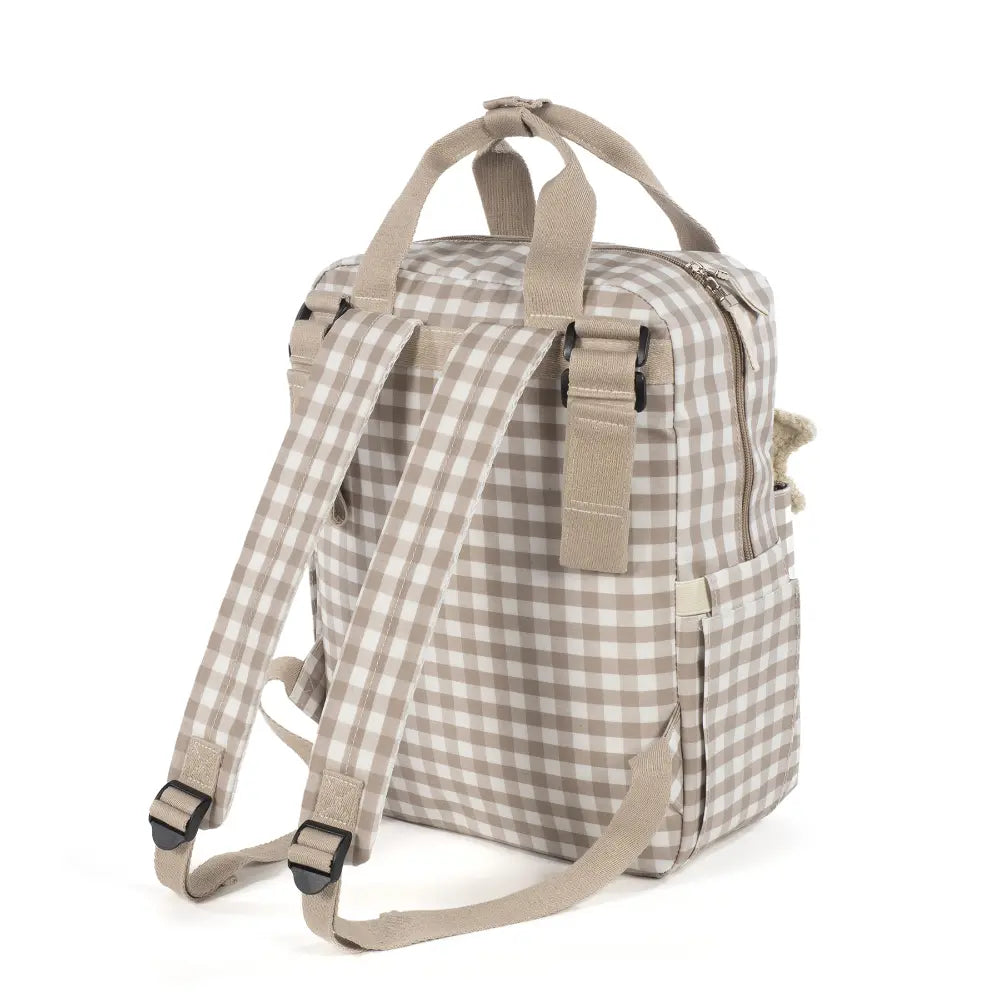 Walking Mum Diaper Backpack with Changing Pad, Large Capacity, Water-Resistant with Multi-Pocket Organizer, Insulated Bottle Pocket, Shoulder &amp; Stroller Straps, Personalized Charm, Checkered Print - Sand