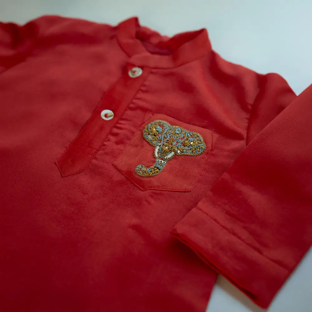 PureCloth.Co Royal Elephant | Boys Silk Kurta Pyjama Red