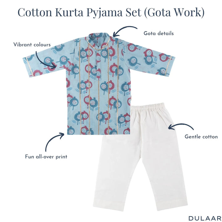 Dulaar Cotton Kurta Pyjama Set for Boys | Hand-Block Printed (Gota Work)-Gardens of Anar (Blue Teal)