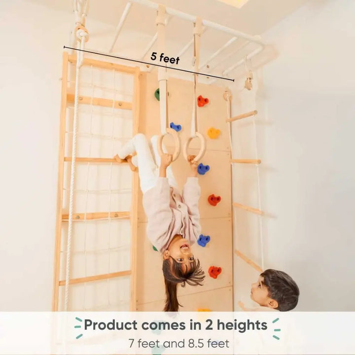 Curious Cub Space Saver Jungle Gym 2 | 6 Components - Rope Ladder, Rock Climbing, Wobble Ladder, Monkey Bar, Gymnastic Rings, Disk Swing | Ages 4-15 Years