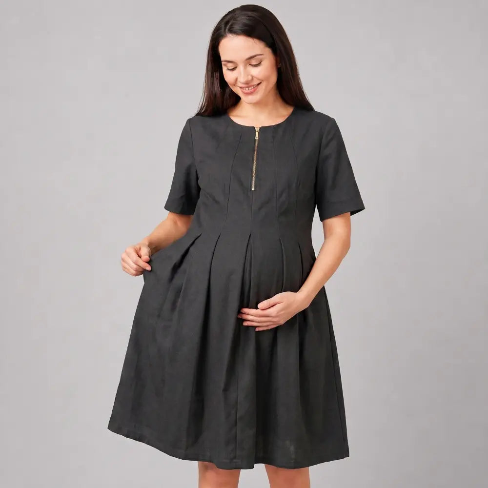 SOL MAMA Pleat Front Zip Dress - Dark Grey