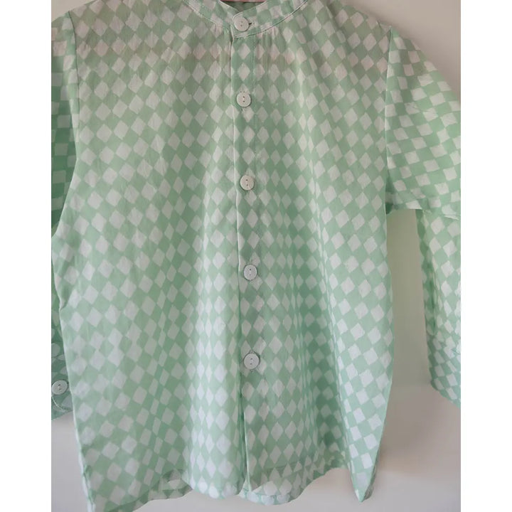 Love The World Today Unisex Barefoot Boy Shirt In Sage Green Rhombus