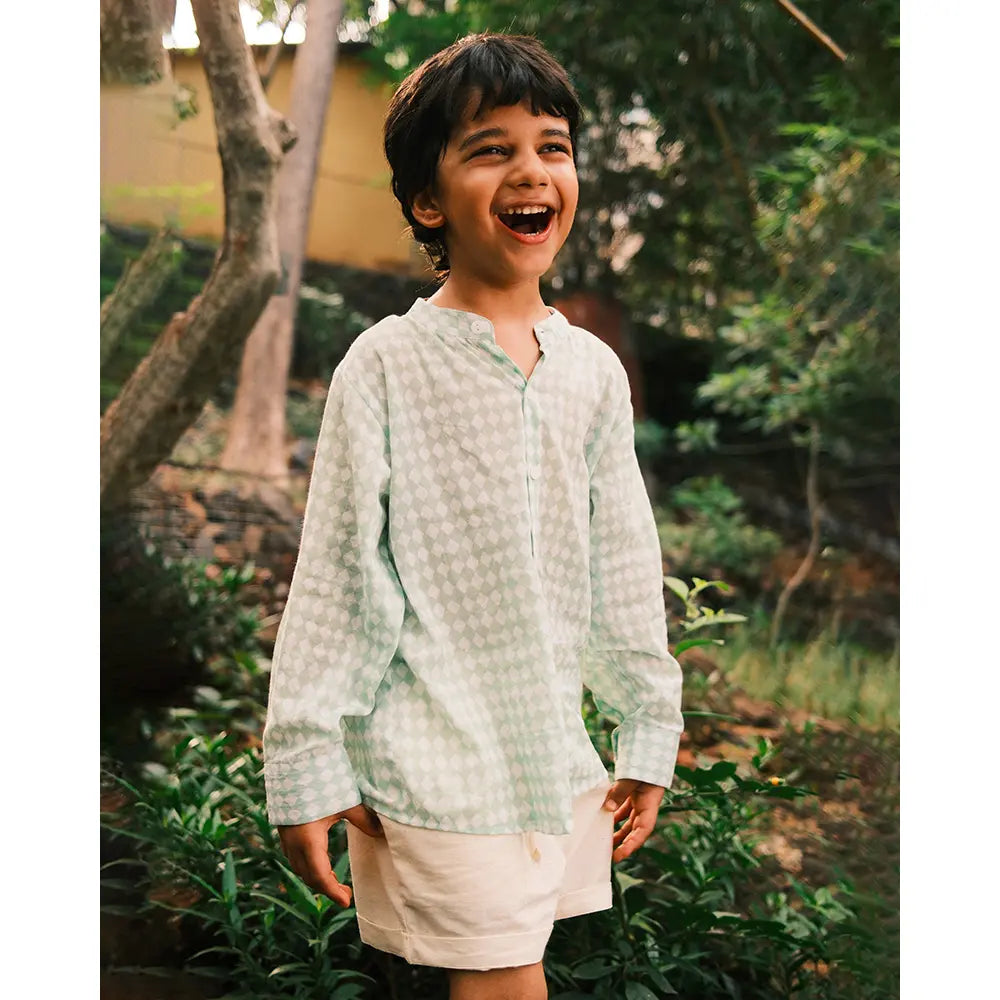 Love The World Today Unisex Barefoot Boy Shirt In Sage Green Rhombus