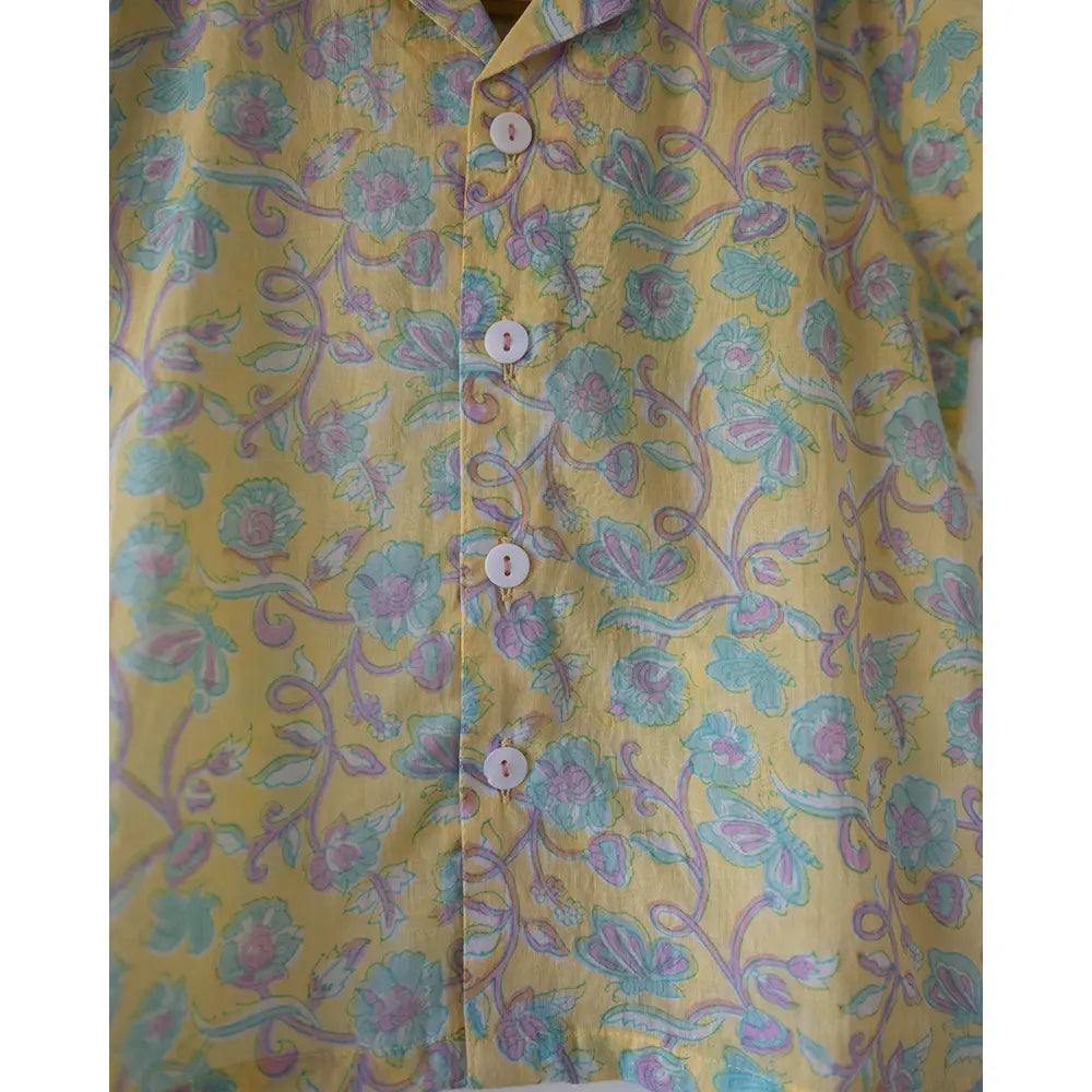 Love The World Today Unisex Boogie Shirt In Lemon Yellow Butterfly Blockprint