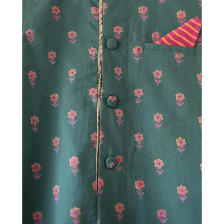 Love The World Today Kopal Green Floral Booti Cotton Bandi Jacket For Boys