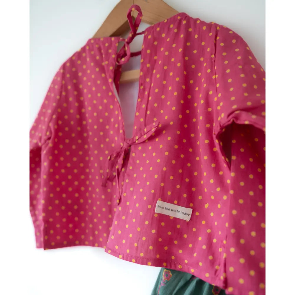 Love The World Today Kopal Magenta Polka Blouse &amp; Green Floral Booti Lehenga Set For Girls