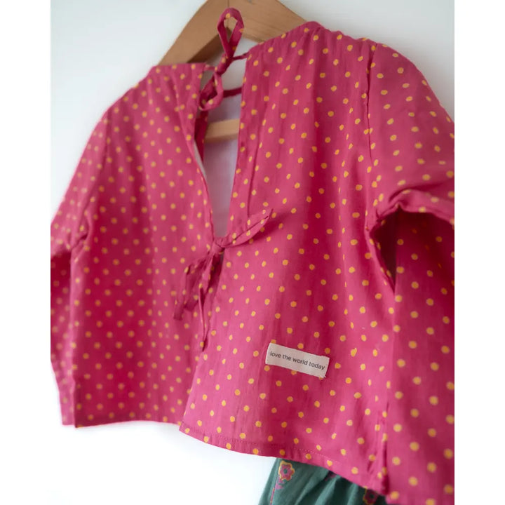 Love The World Today Kopal Magenta Polka Blouse &amp; Green Floral Booti Lehenga Set For Girls