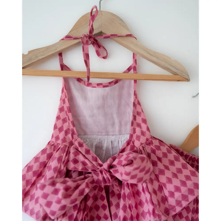 Love The World Today Mishri Pink Rhombus Halter Top &amp; Wide-Leg Palazzo Set For Girls