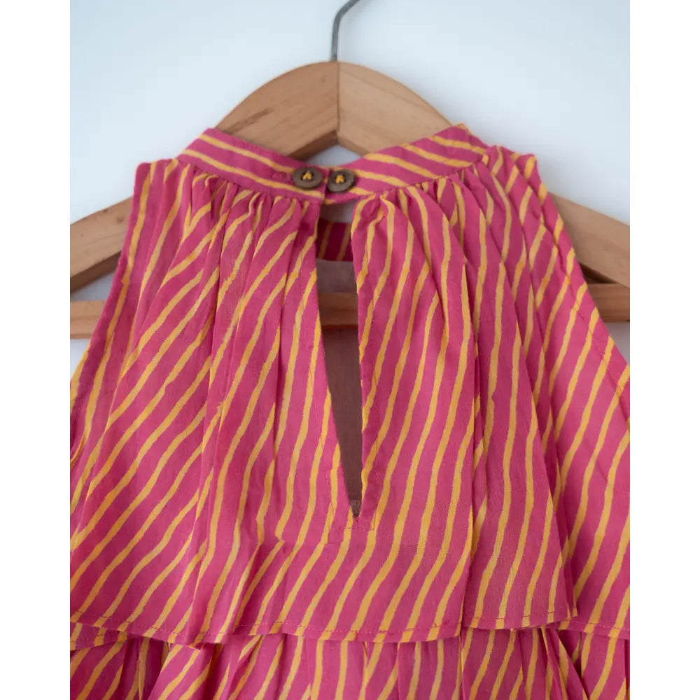 Love The World Today Meera Pink Striped Halter Choli and Yellow Floral Booti Lehenga Set For Girls
